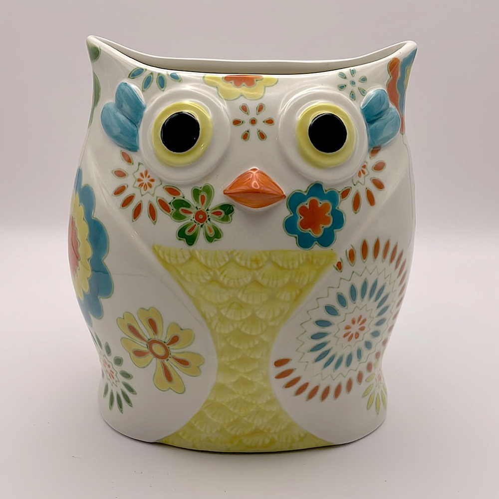 Pier 1 Imports, Retro Hand-Painted Stoneware Owl Vase, Utensil Holder